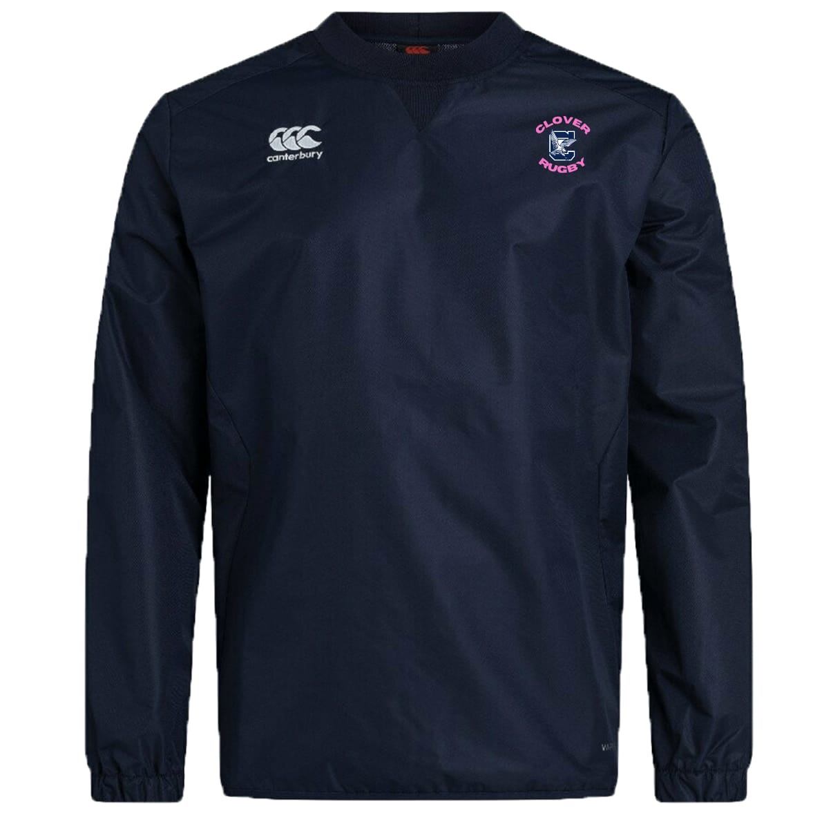 The Clover Middle Girls Club Vaposhield Contact Top by EMB Canterbury is a navy blue long-sleeve pullover with the "Canterbury" logo on the right chest, "Clovers Rugby" crest on the left, and water-repellent Vaposhield technology.
