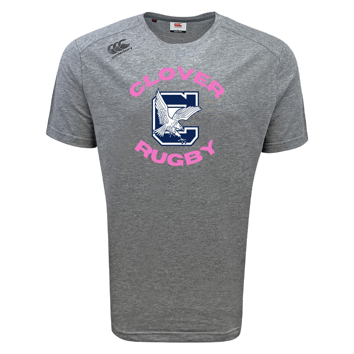 The Clover Middle Girls Tempo Vapodri T-Shirt by WRS Canterbury features "Glover Rugby" in pink, a blue “C,” and an eagle graphic on gray moisture-wicking fabric—ideal comfort for intense matches.