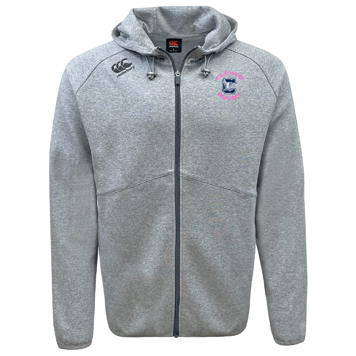 The Clover Middle Girls Tempo Vapodri Full-Zip Hoodie by EMB Canterbury features light gray, moisture-wicking fabric, a hood, two front pockets, and embroidered chest logos. Displayed against a white background.