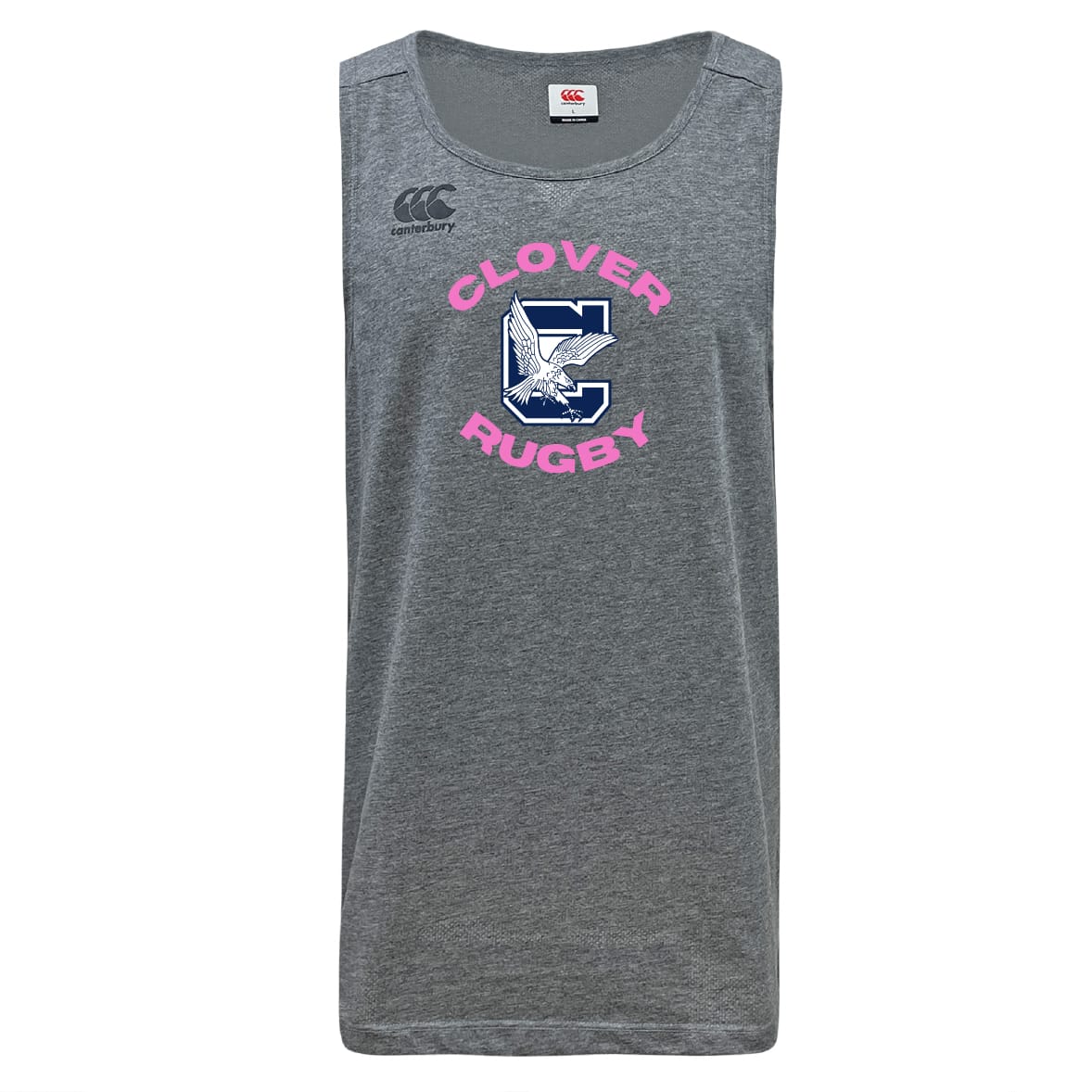 The Clover Middle Girls Tempo Vapodri Singlet by WRS Canterbury is a gray sleeveless rugby shirt with "Clover Rugby" in pink and a large "C" logo featuring a bird, made from recycled polyester.