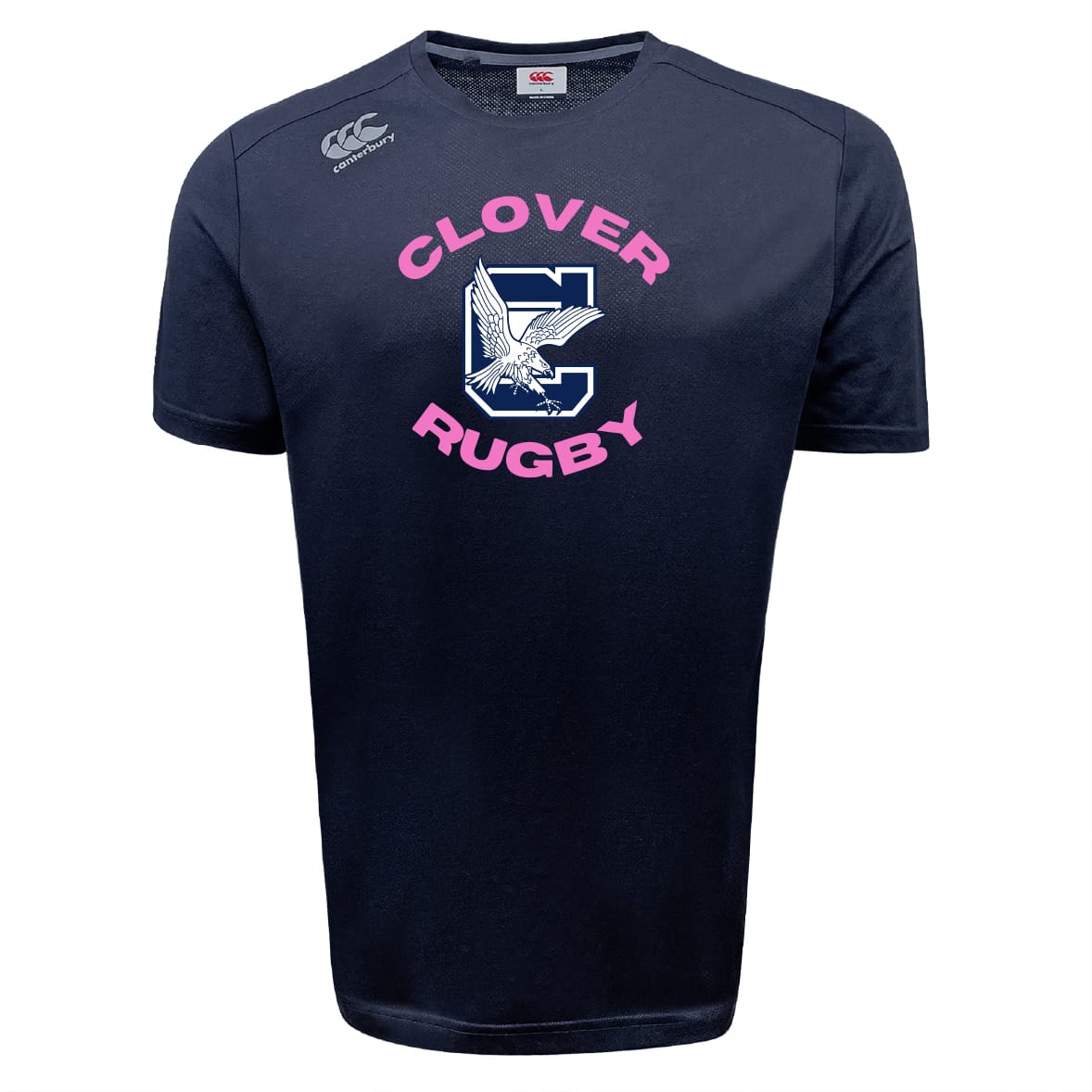 The Clover Middle Girls Tempo Vapodri T-Shirt by WRS Canterbury features "Clover Rugby" in pink, a large "C" with eagle graphic, grey shoulder logo, and moisture-wicking Vapodri material for comfort. Navy blue.