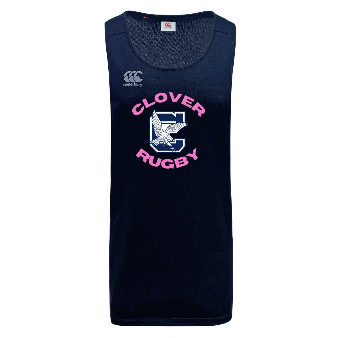 The Clover Middle Girls Tempo Vapodri Singlet by WRS Canterbury is a navy blue sleeveless rugby top made from recycled polyester, featuring "Clover Rugby" and an eagle graphic on a bold pink and white letter "C" on the front.