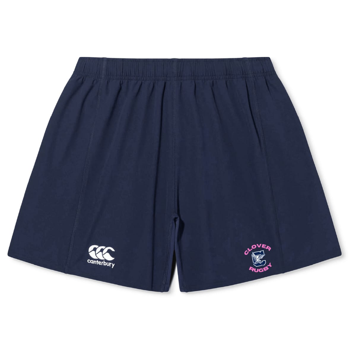 The Clover Middle Girls Yokohama Short by Canterbury features an elastic waistband, the Canterbury logo on the left leg, a Clover Rugby crest on the right, and offers lightweight comfort and durability for performance. Brand: EMB Canterbury.