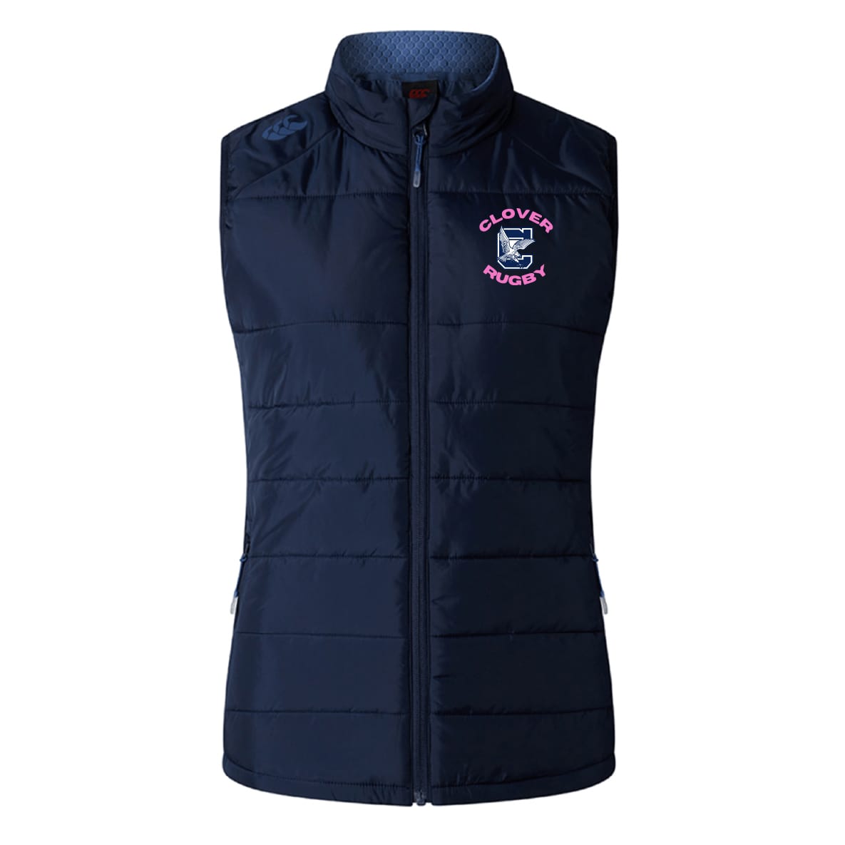 The Clover Middle Girls Women's Elite Microlite Gilet by EMB Canterbury is a navy blue insulated vest with a front zipper and "Clover Rugby" logo on the left chest, offering warmth and style.