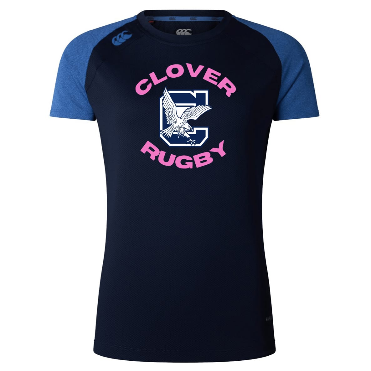 The Clover Middle Girls Women's Elite Training Tee by WRS Canterbury is a navy and blue short-sleeve rugby shirt featuring "CLOVER RUGBY" text, a large "C," and an eagle graphic—ideal for active days.