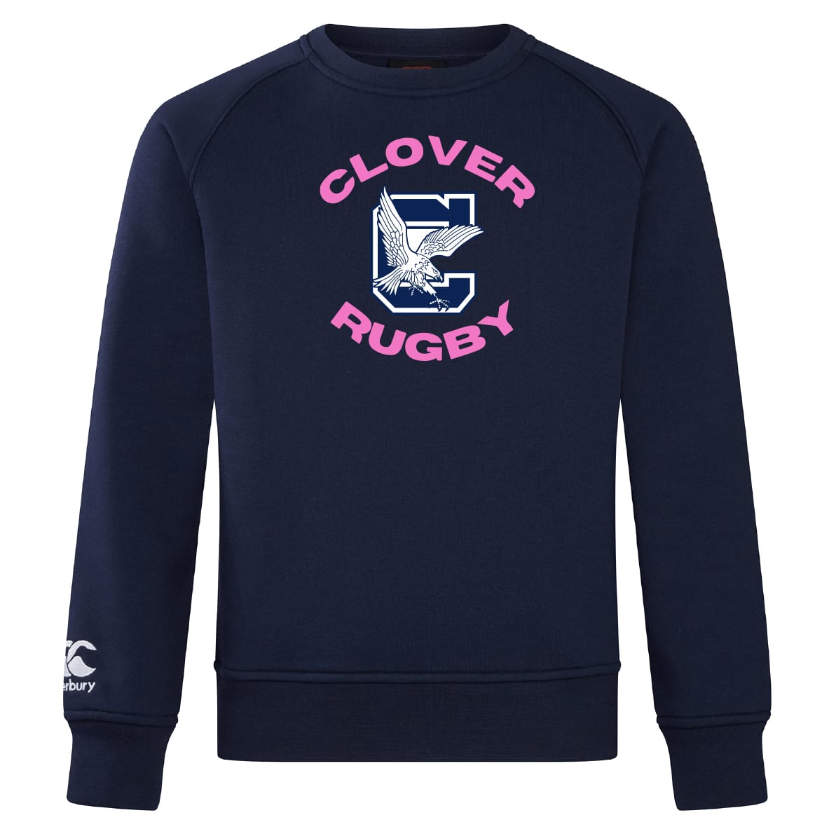 The Clover Middle Girls Club Crew Sweatshirt by WRS Canterbury features navy blue ultra-soft fabric, "CLOVER RUGBY" in pink, a bold "C" with eagle graphic on the chest, and a small Canterbury logo on the sleeve for style and comfort.