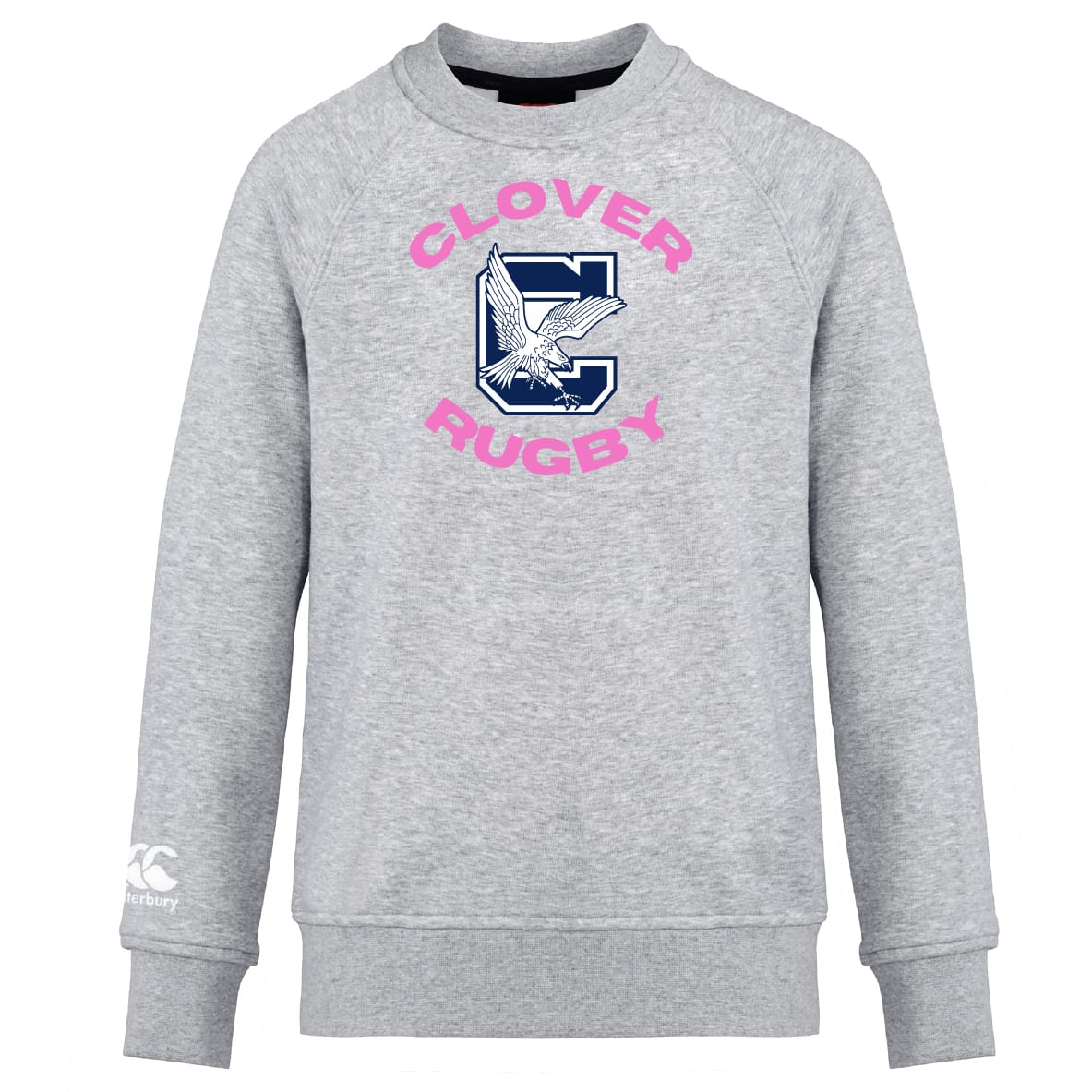 The Clover Middle Girls Club Crew Sweatshirt by WRS Canterbury features "Clover Rugby" in pink and a large "C" with an eagle on the chest, plus a small white logo on the left cuff. Ultra soft for everyday comfort.