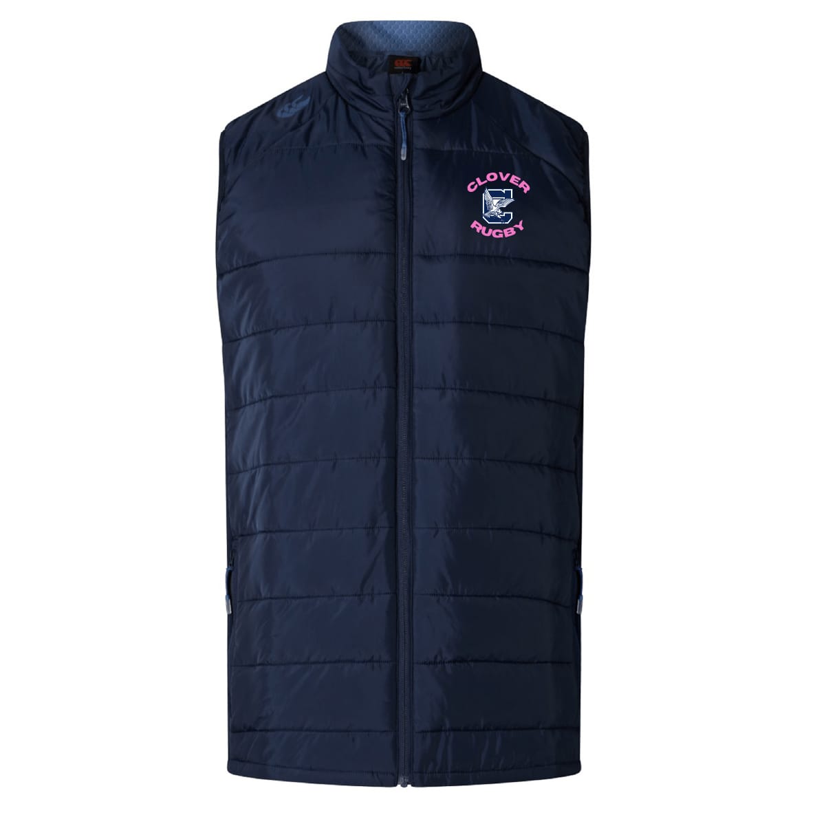 The Clover Middle Girls Elite Microlite Gilet by EMB Canterbury is a navy blue quilted insulated vest with a zipper, featuring a "Clovers Rugby" logo and clover emblem on the left chest, inspired by the Canterbury Elite Gilet.