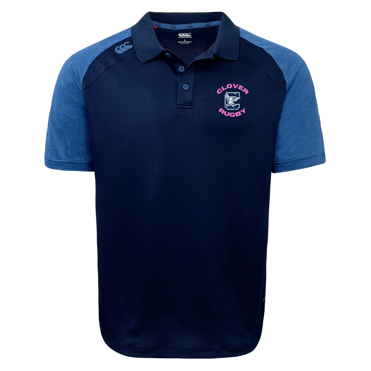 The Clover Middle Girls Elite Polo by EMB Canterbury features navy and light blue short sleeves, a "Clover Rugby" chest logo, Canterbury logo on the right shoulder, and is made from durable Vapodri fabric for comfort.