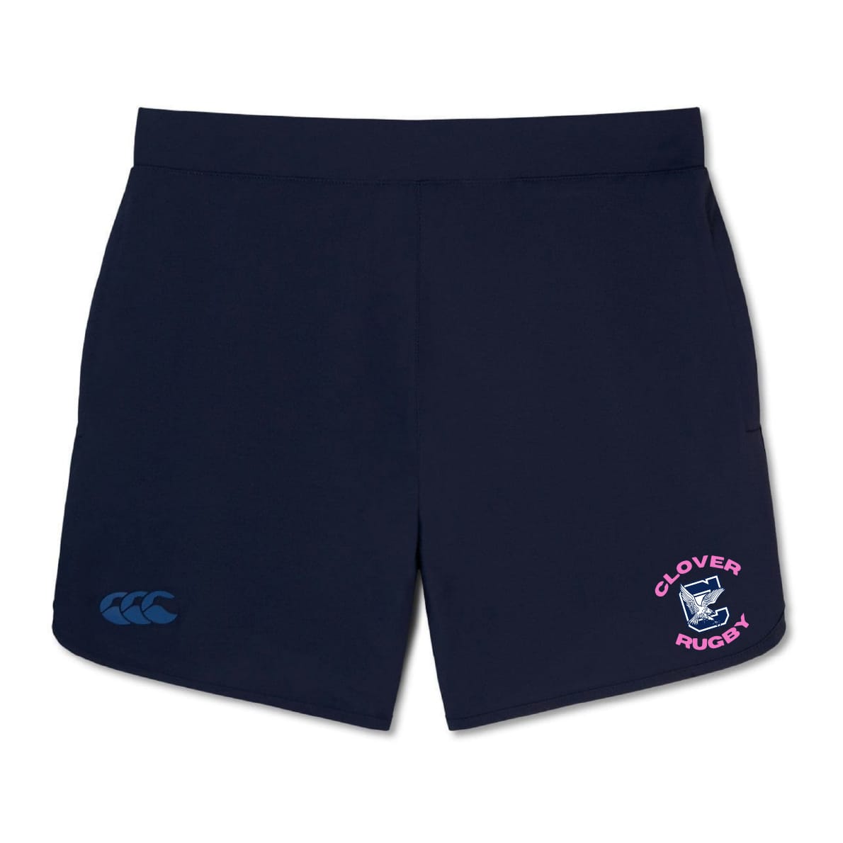The Clover Middle Girls Elite Woven Short by EMB Canterbury is a navy blue gym short with a blue Canterbury logo on the left leg, zippered pockets, and a pink and white Clover Rugby emblem on the right leg.
