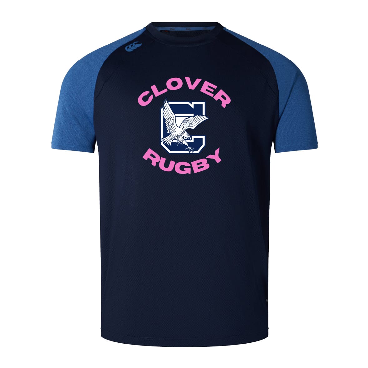 The Clover Middle Girls Elite Training Tee by WRS Canterbury is a navy and royal blue Vapodri tee with "Clover Rugby" text and an eagle graphic, designed for lightweight durability and peak performance.