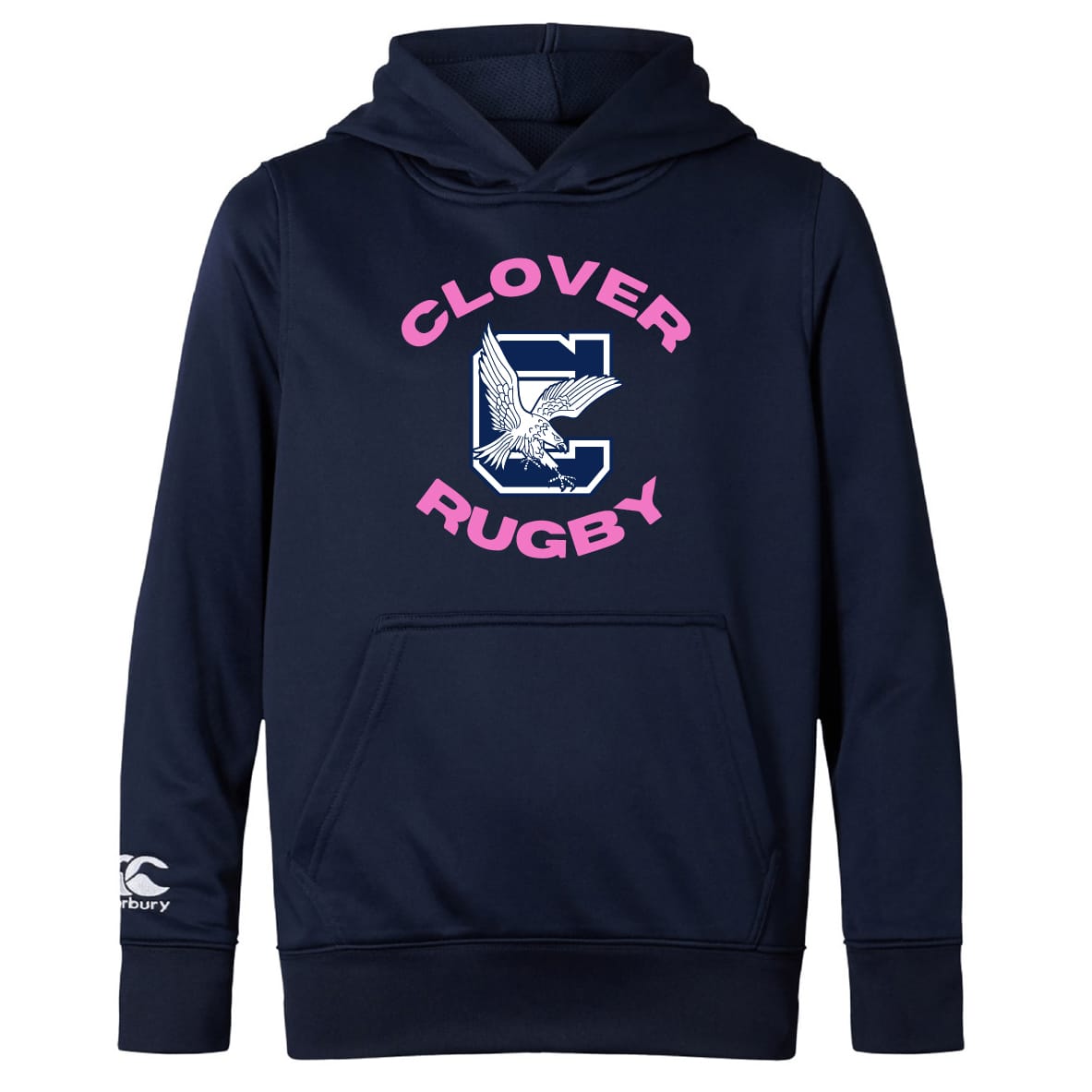 The Clover Middle Girls Club Lightweight Hoodie by WRS Canterbury is a navy blue hoodie with "Clover Rugby" text, an eagle graphic, a large "C" on the front, and a handy kangaroo pocket.