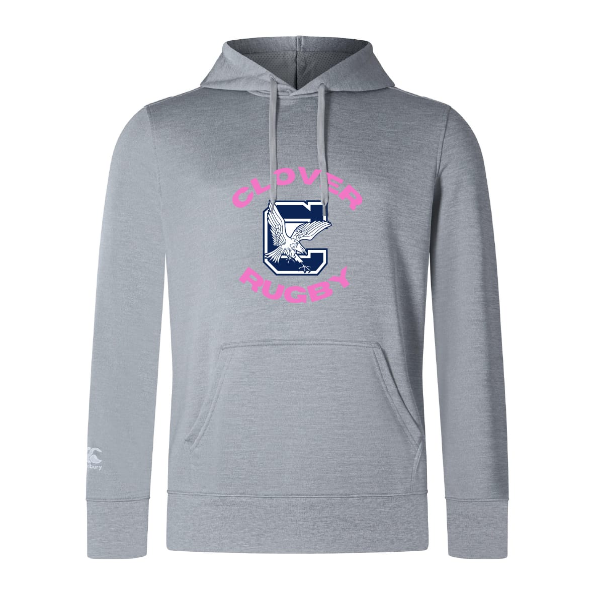 The Clover Middle Girls Club Lightweight Hoodie by WRS Canterbury is light gray with “CLOVER RUGBY” in pink, a large blue “C” and bird graphic on the chest, plus a roomy kangaroo pocket.