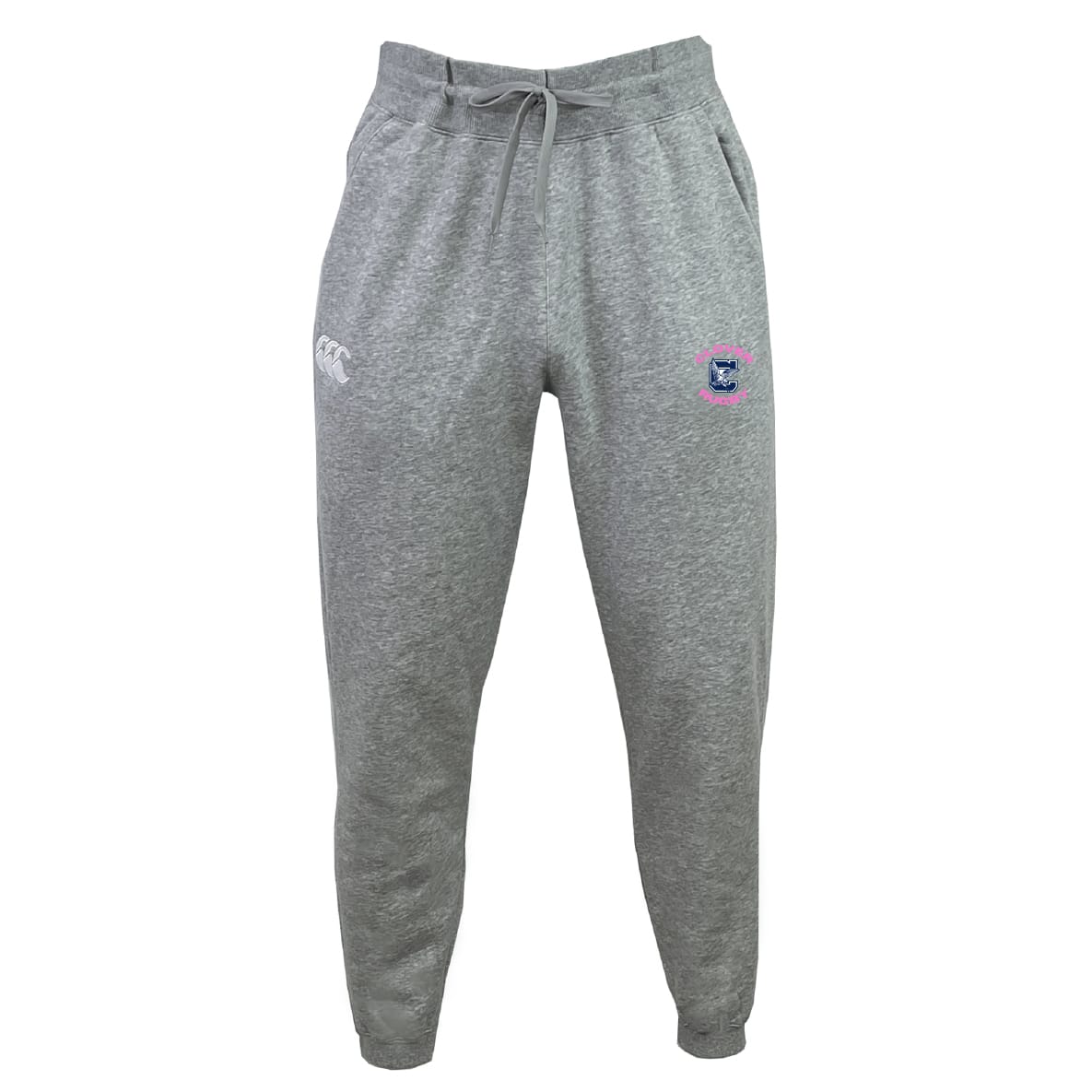 The Clover Middle Girls Leisure Sweatpant by EMB Canterbury features a drawstring waistband, white logo on the left thigh, and a colorful emblem on the right thigh, crafted for comfort and style. Displayed against a plain white background.