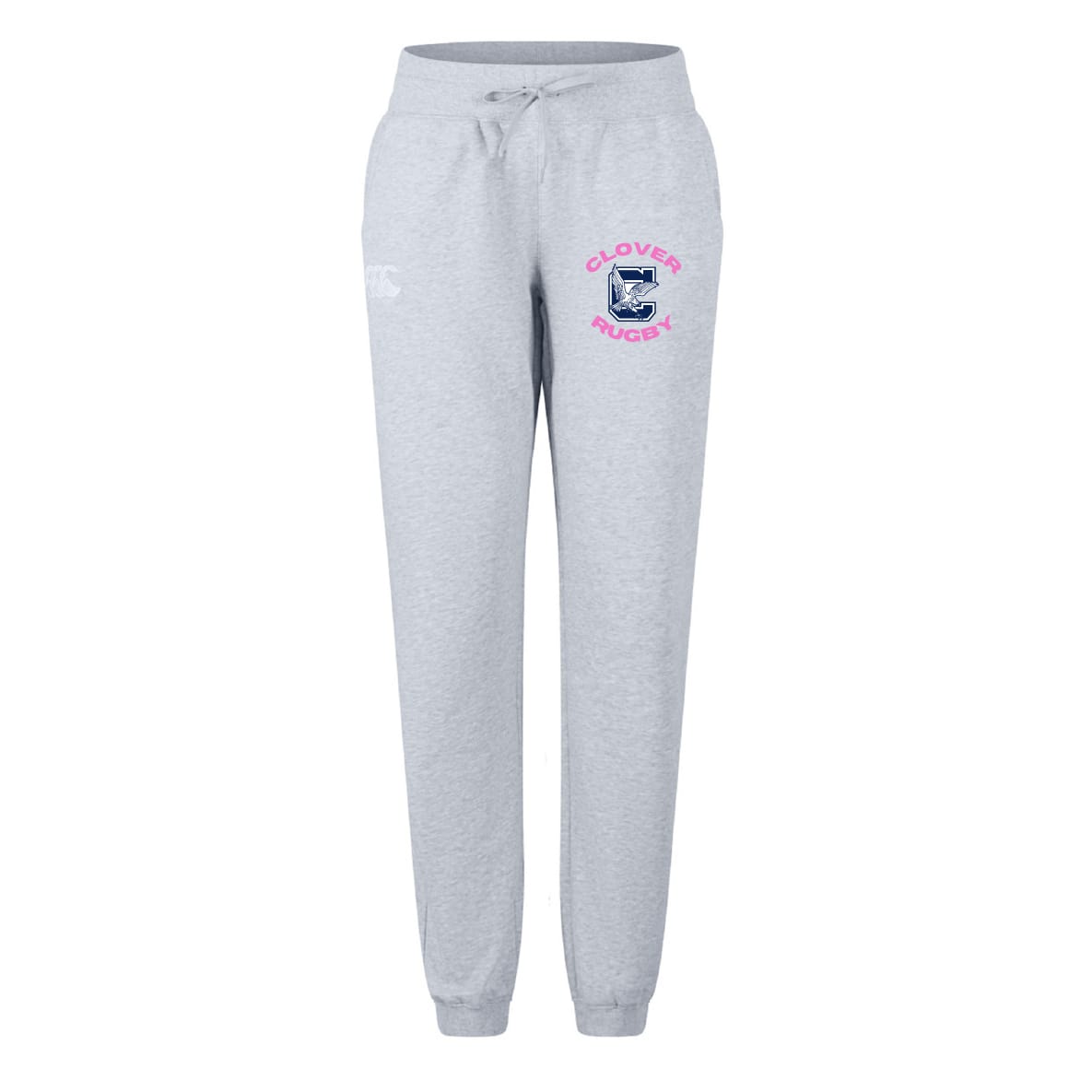 The Clover Middle Girls Women's Leisure Sweatpant by EMB Canterbury features a light grey color, drawstring waist, "Clover Rugby" text, and crest logo—crafted for sporty comfort in Canterbury's iconic rugby style.