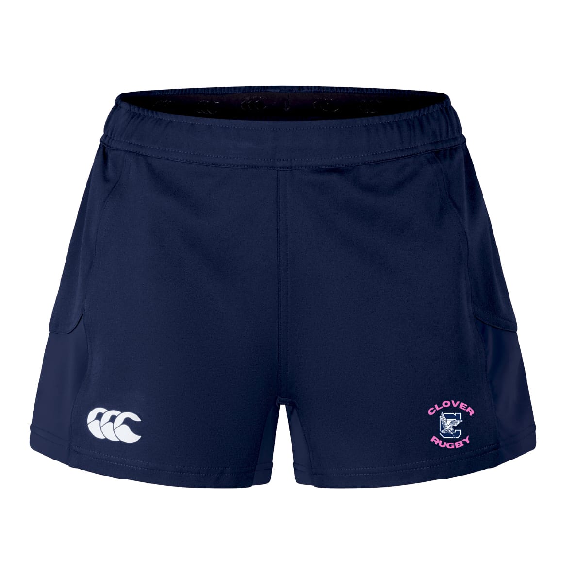 The Clover Middle Girls Women's Advantage Short 2.0 by EMB Canterbury features a navy blue design, white Canterbury logo on the left leg, and a pink/blue Clover Rugby crest on the right, made from recycled athletic material for sustainable training.