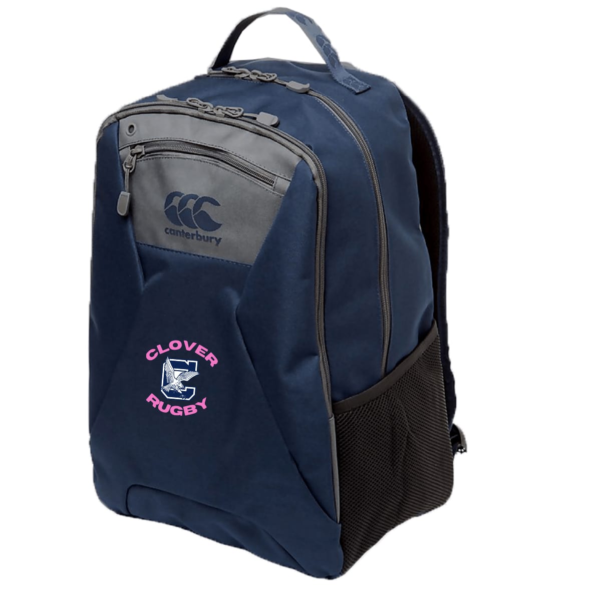 The Clover Middle Girls Medium Backpack by EMB Canterbury is a durable navy polyester bag with a front zip pocket, mesh side pocket, padded laptop pocket, and a pink and white "Clover Rugby" logo on the front.