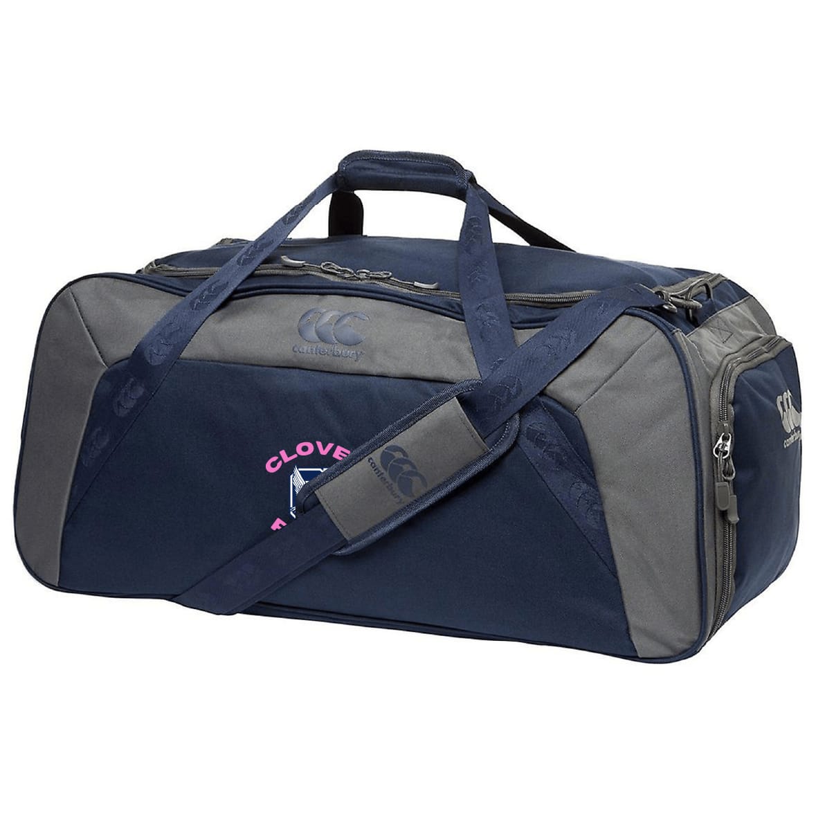 The Clover Middle Girls Holdall Duffle Bag by Canterbury features navy and gray colors, a shoulder strap, handles, zippered compartments, the Canterbury logo, and pink side lettering—ideal for carrying your sports gear with style and durability.