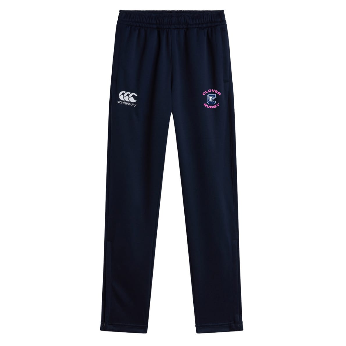 The Clover Middle Girls Stretch Tapered Pant by EMB Canterbury features a navy blue quick-dry fabric, elastic waistband, white Canterbury logo on the left, and Clovelly Rugby club emblem on the right—ideal for active girls.