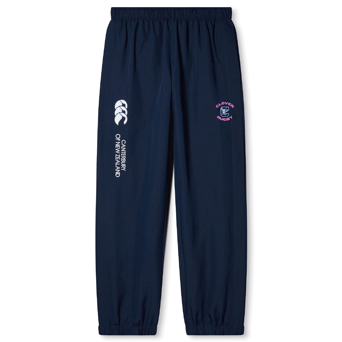 The Clover Middle Girls Cuffed Hem Stadium Pant by EMB Canterbury features an elasticated waist and ankles, cuffed hem, and displays the "Canterbury of New Zealand" logo along with the Clovis Rugby crest on the front.