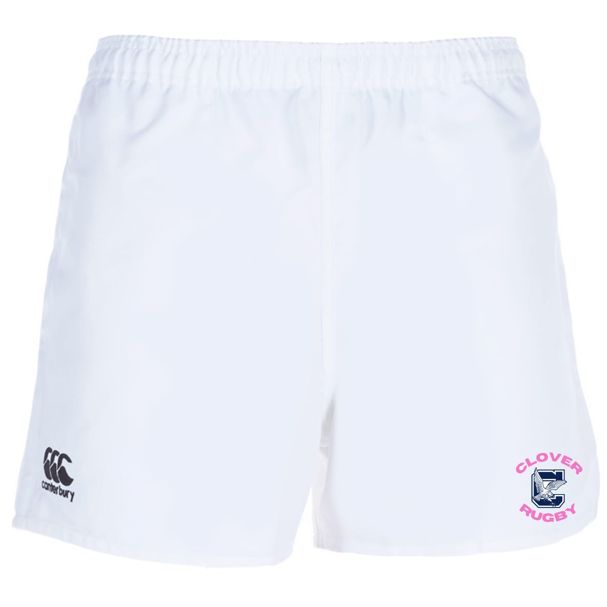 The Clover Middle Girls Professional Polyester Rugby Short by EMB Canterbury features an elastic waistband, the iconic EMB Canterbury logo on the left leg, and a "Clover Rugby" emblem on the right—perfect for professional play.