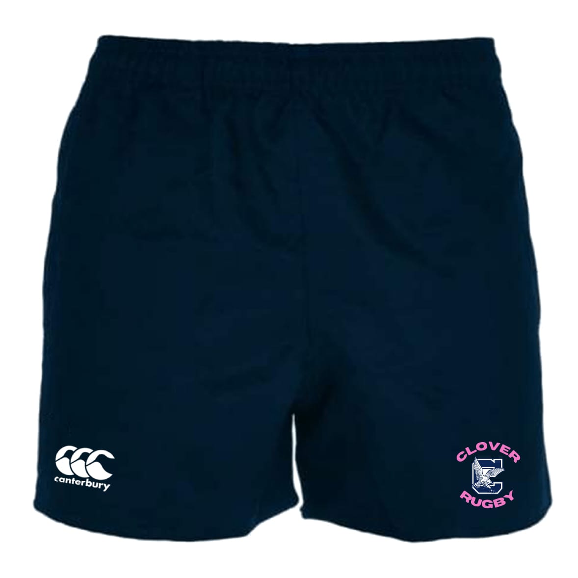 The Clover Middle Girls Professional Polyester Rugby Short by EMB Canterbury features a navy blue design with a white Canterbury logo on the left leg and a pink-blue Clover Rugby logo on the right for a professional look.