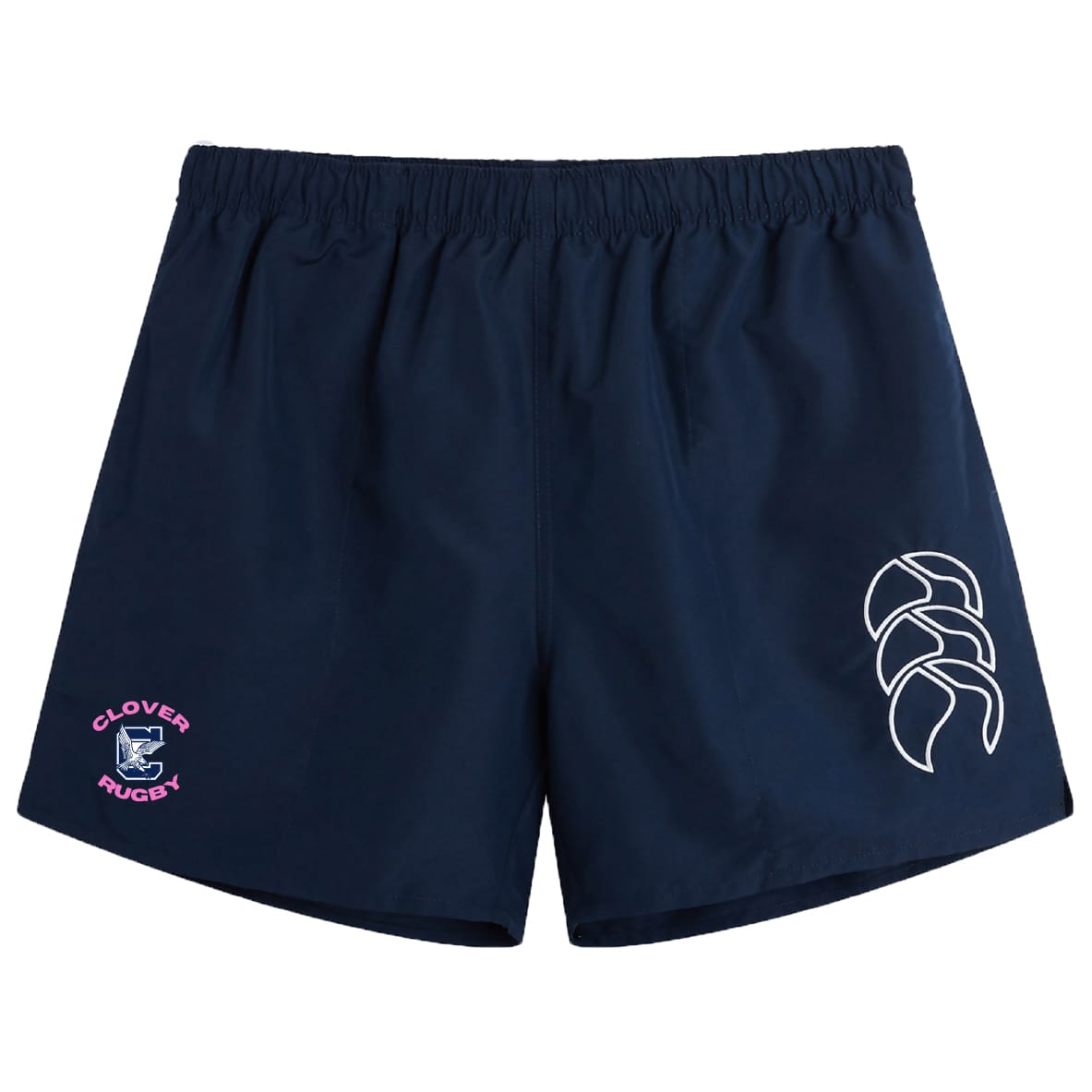 The Clover Middle Girls Tactic Short by EMB Canterbury features a navy blue design, elastic waistband, white geometric logo on the right leg, and pink "Clovers Rugby" graphic—ideal for girls' training or practice.