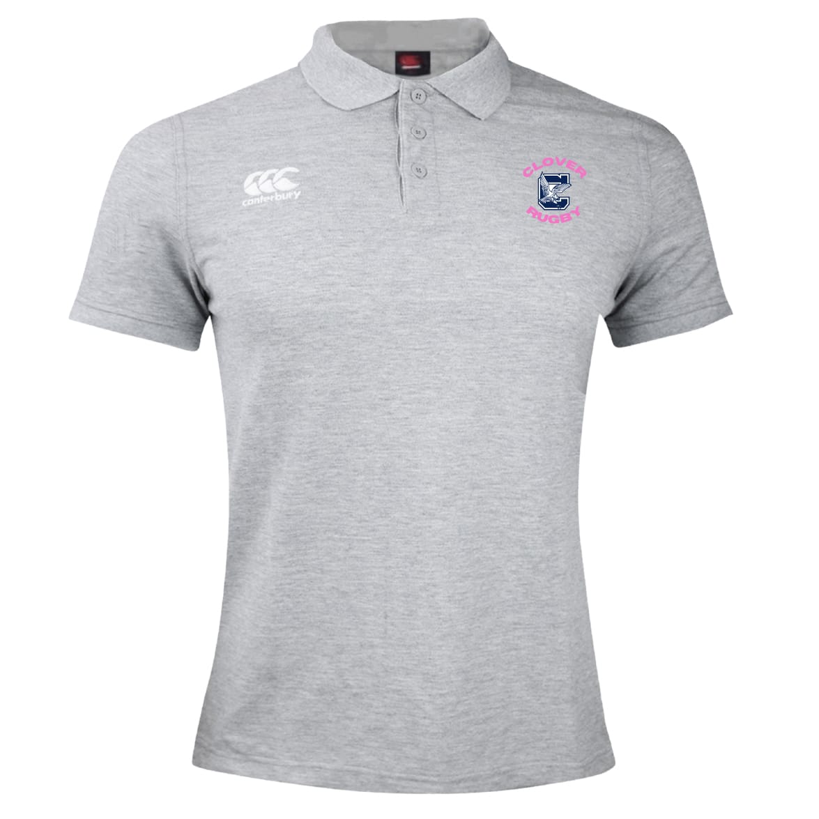 Light grey short-sleeve Clover Middle Girls Waimak Polo by EMB Canterbury, featuring a Canterbury logo on the right chest and a Clovelly Rugby crest on the left.
