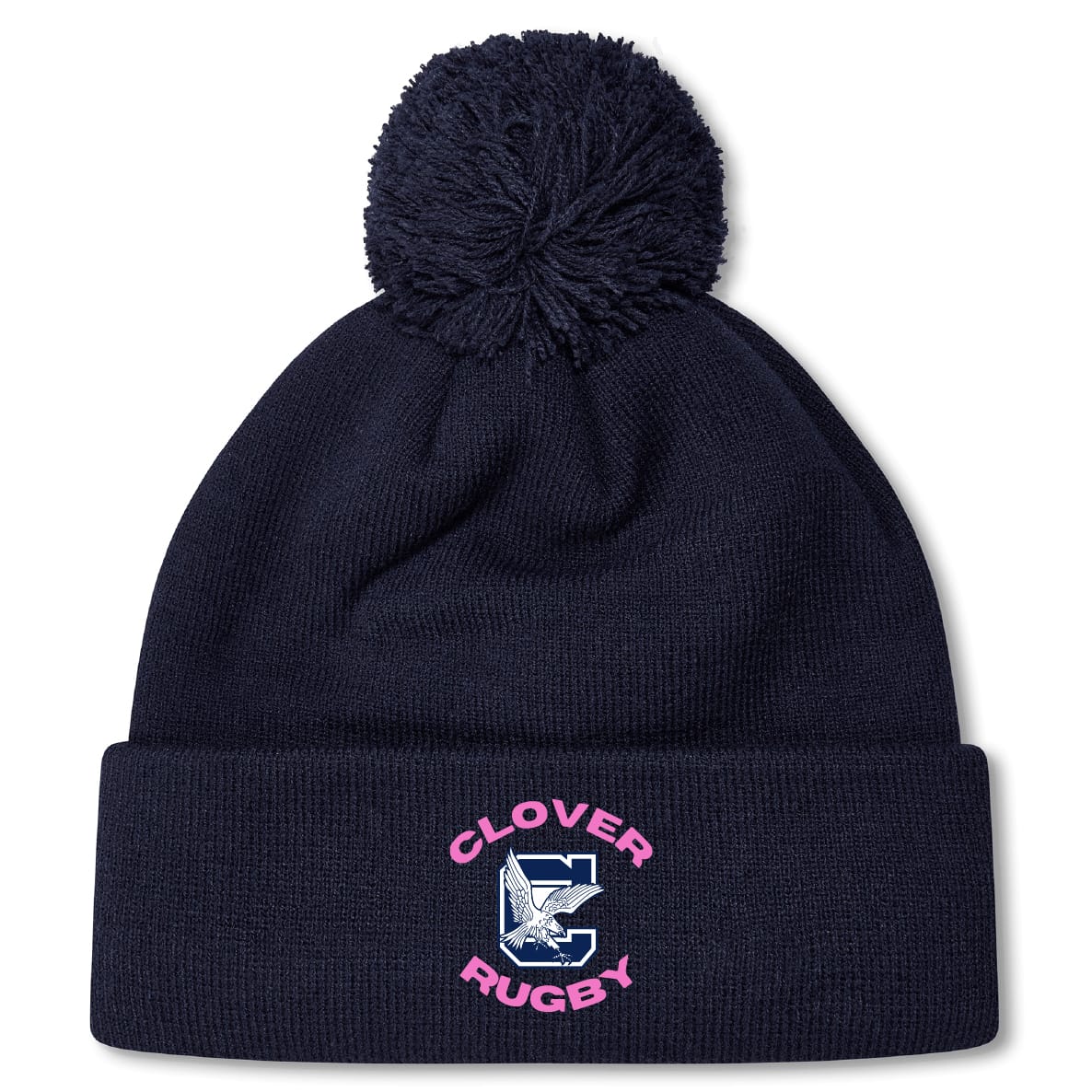 Stay warm in the Clover Middle Girls Pom Pom Beanie by EMB Canterbury—a navy blue knit hat with a pom-pom, "CLOVER RUGBY," a large "C" and clover logo on the front, plus cozy fleece lining for extra comfort.