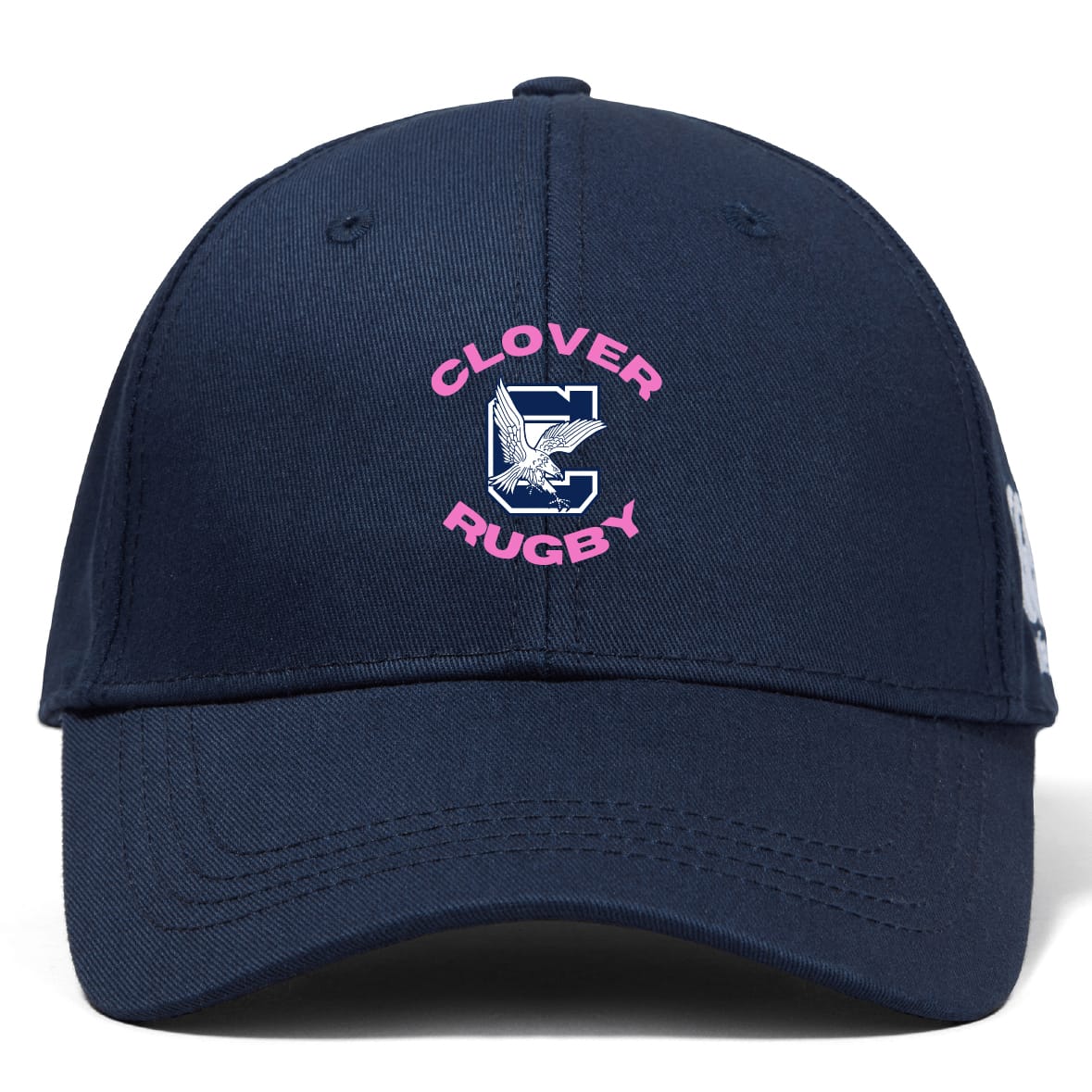 The Clover Middle Girls Flexfit Drill Cap by EMB Canterbury is a navy blue cap featuring pink "Clover Rugby" text and an embroidered eagle logo, inspired by classic Canterbury cap design.
