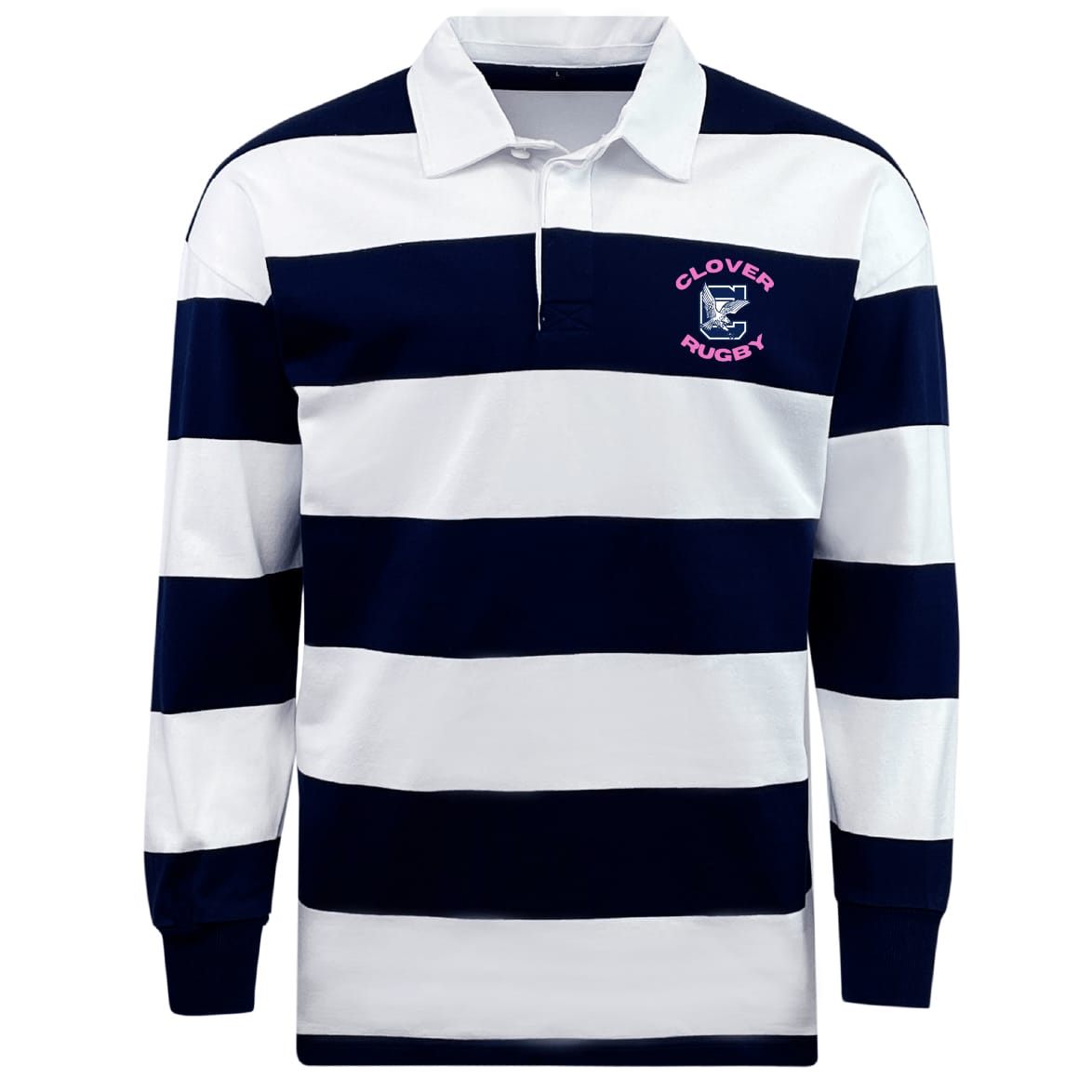The EMB Mudoo Clover Middle Girls Classic Long Sleeve Hooped Rugby Jersey features navy blue and white horizontal stripes, a collar, and a "Clover Rugby" crest on the left chest for a classic throwback look.