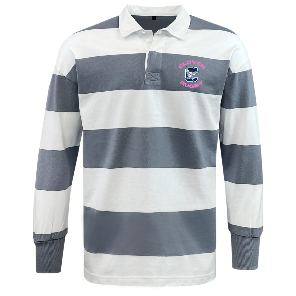 The EMB Mudoo Clover Middle Girls Classic Long Sleeve Hooped Rugby Jersey features wide grey and white stripes, a classic white collar, and a "Clover Rugby" chest crest for vintage style.