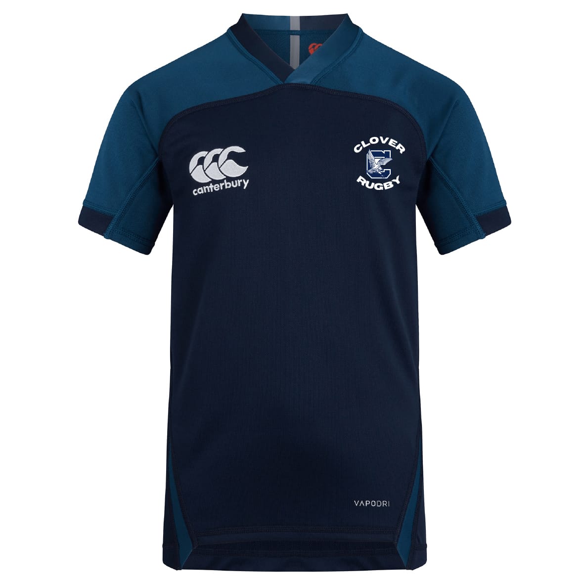 The Clover Middle School Vapodri Evader Jersey by EMB Canterbury is a navy rugby jersey with dark blue shoulder panels, white Canterbury and Clover Rugby logos on the chest, and "VAPODRI" text near the hem.