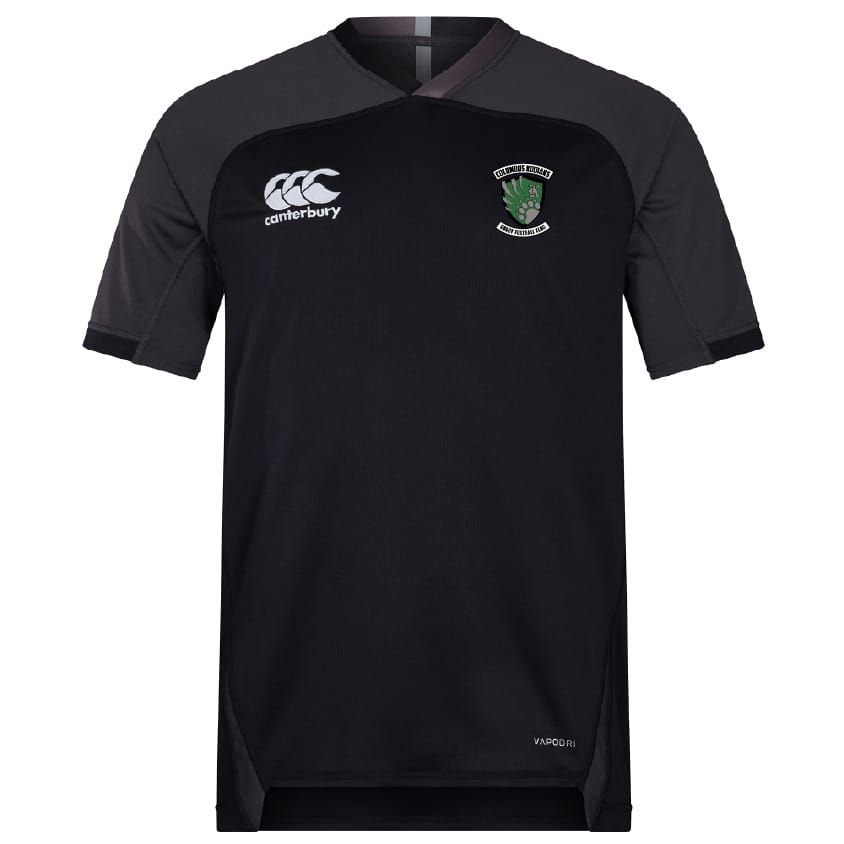 The Columbus Kodiaks Full Color Logo Vapodri Evader Jersey by EMB Canterbury is a black short-sleeve jersey with grey shoulders, a Canterbury neckline, moisture-wicking fabric, and team logo and Canterbury branding on the chest.