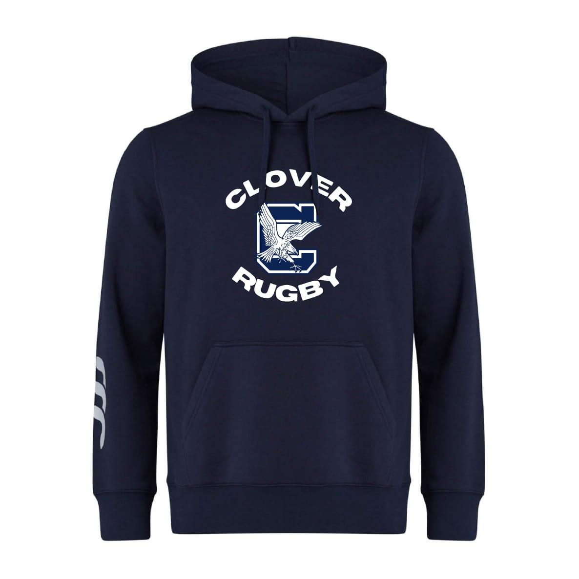 The Clover Middle School Club Hoodie by WRS Canterbury is a navy blue hoodie with “Clover Rugby,” an eagle and "C" graphic on the chest, and three white stripes on the left sleeve—perfect for rugby fans and players.