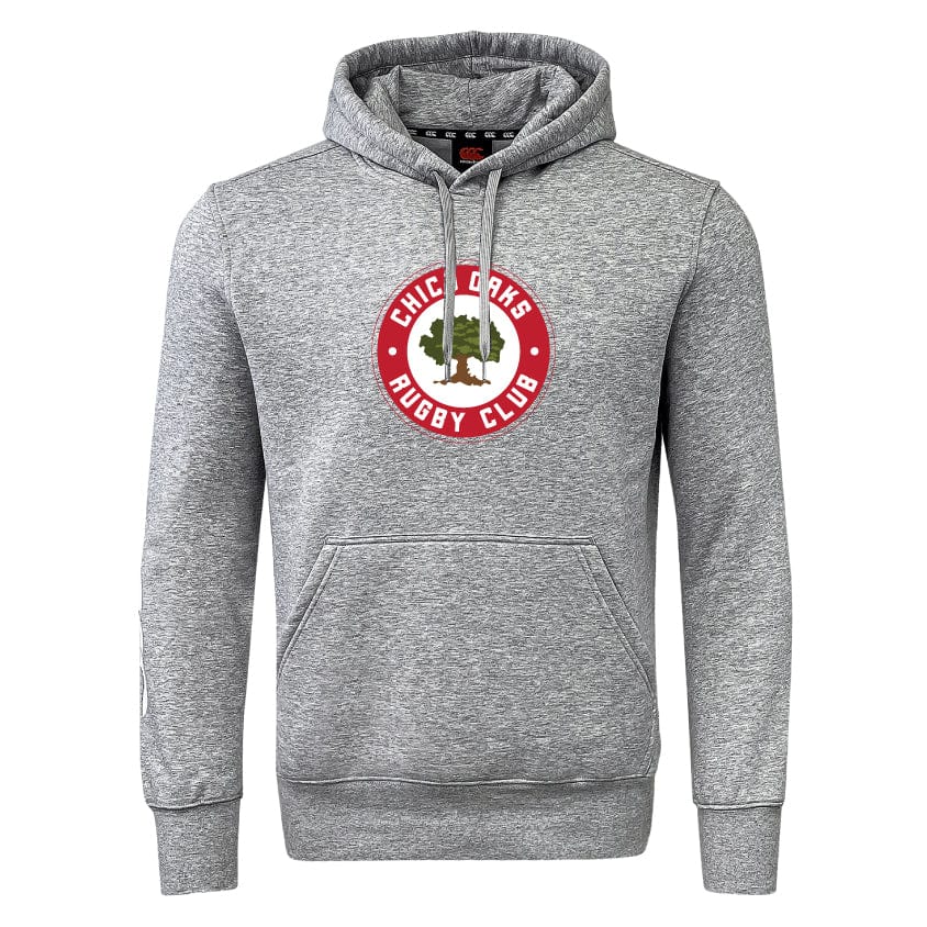 The Chico Oaks Club Hoodie by WRS Canterbury is a grey rugby hoodie with a front pocket, featuring a "Chichorys Rugby Club" circular logo with green trees on the chest. Customize it by adding Canterbury branding for a personal touch.