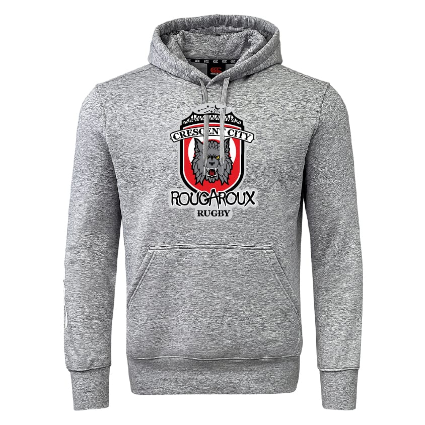 The Crescent City Rougaroux Club Hoodie by WRS Canterbury is a gray fleece sweatshirt with a front pocket and "Crescent City Rougaroux Rugby" logo and graphic on the chest.