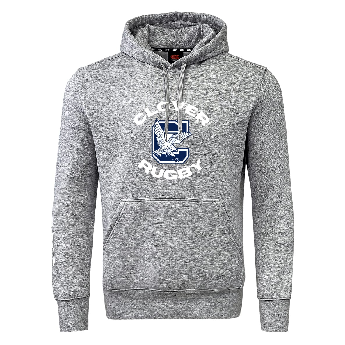 Show your club pride with the Clover Middle School Club Hoodie by WRS Canterbury—a gray hoodie featuring "CLOVER RUGBY" and a large blue "C" with a clover and rugby ball graphic on the front. Perfect for on or off the field!.