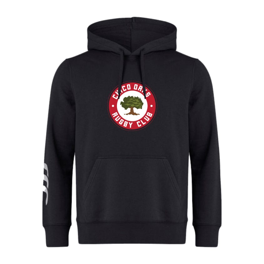 The Chico Oaks Club Hoodie by WRS Canterbury is made from soft sweatshirt fleece, features a front pocket, and is adorned with a tree logo and "Caldor's Rugby Club" text on the chest. Enhance your sporty style with authentic Canterbury branding on this black hoodie.