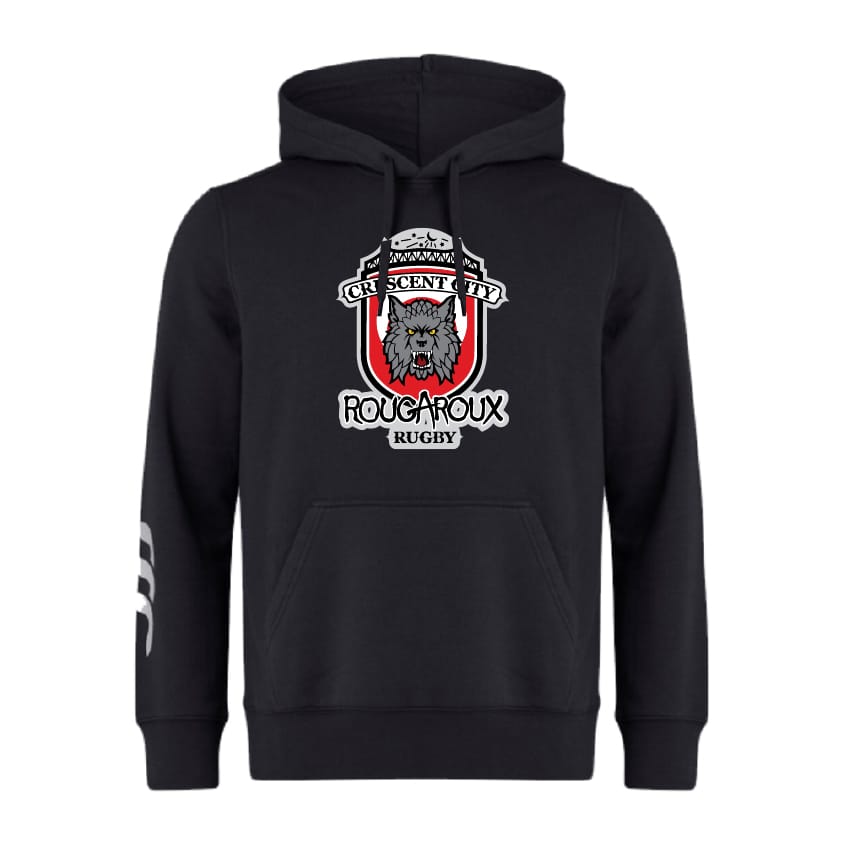 The Crescent City Rougaroux Club Hoodie by Canterbury features soft fleece, a front pocket, wolf head and team logo on the chest, white left sleeve stripes, and subtle WRS Canterbury branding.
