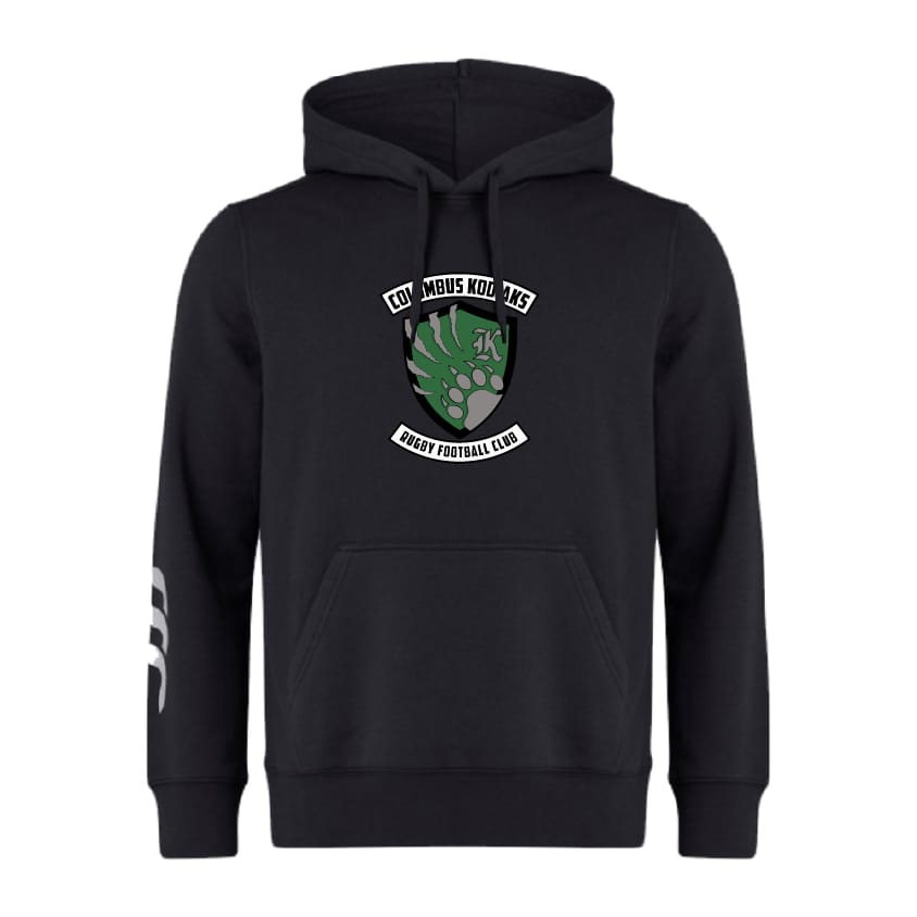 The Columbus Kodiaks Full Color Logo Club Hoodie by WRS Canterbury features a front pouch pocket, drawstring hood, "Columbus Kodiaks Rugby Football Club" chest logo, and three white stripes on the right sleeve.
