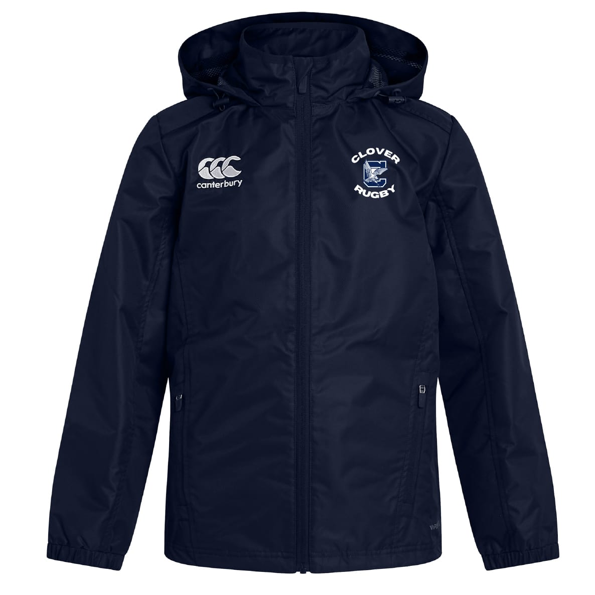 The Clover Middle School Club Vaposhield Full Zip Rain Jacket by EMB Canterbury features water-resistant fabric, zippered pockets, a front zipper closure, and Canterbury and Clovers Rugby logos on the chest. Navy blue color.