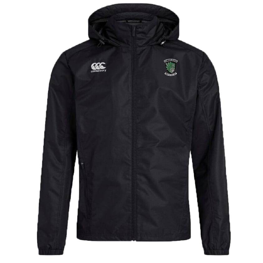 The Columbus Kodiaks Full Color Logo Club Vaposhield Full Zip Rain Jacket by EMB Canterbury is black with zipped pockets, a white Canterbury logo on the right chest, and an embroidered green and white crest. Features water-resistant VapoShield tech.