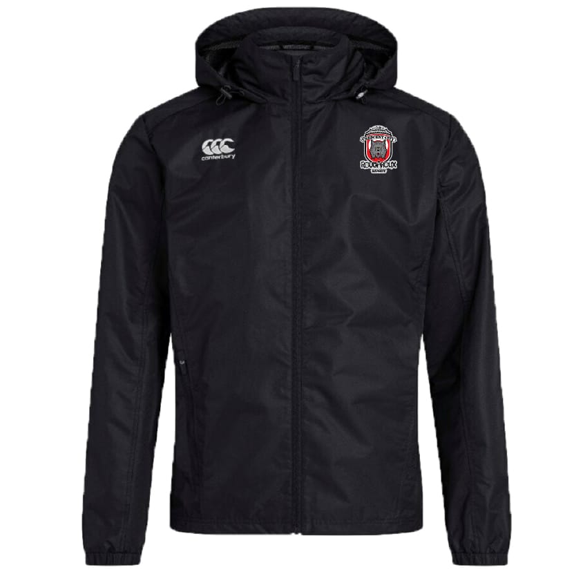 The Crescent City Rougaroux Club Vaposhield Stadium Jacket by EMB Canterbury is black, features a front zipper, water-repellent technology, the Canterbury logo on the right chest, and the Rougaroux embroidered badge on the left.
