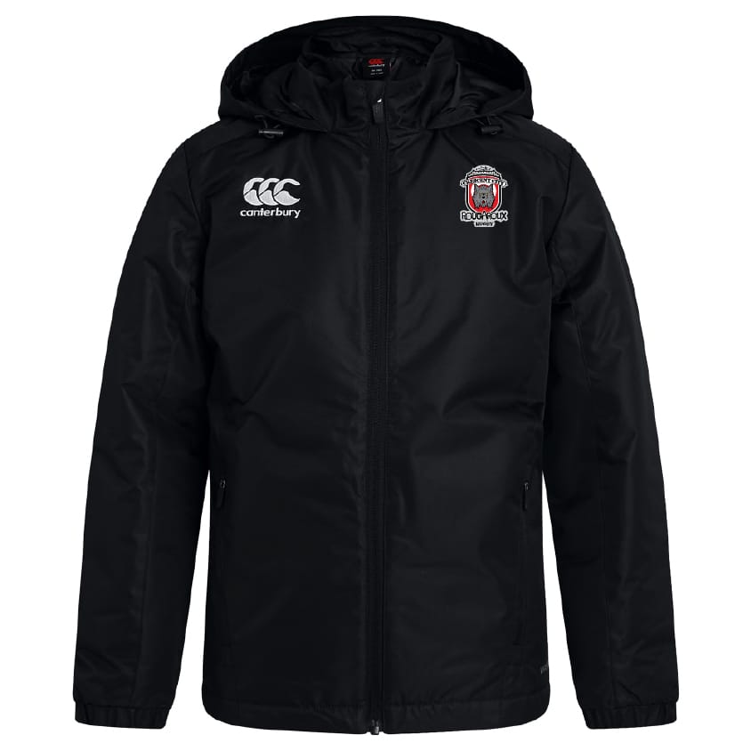 The EMB Canterbury Crescent City Rougaroux Club Vaposhield Full Zip Rain Jacket is black with a hood, front zipper, water-resistant VapoShield tech, the Canterbury logo on the right chest, and a team crest on the left chest.