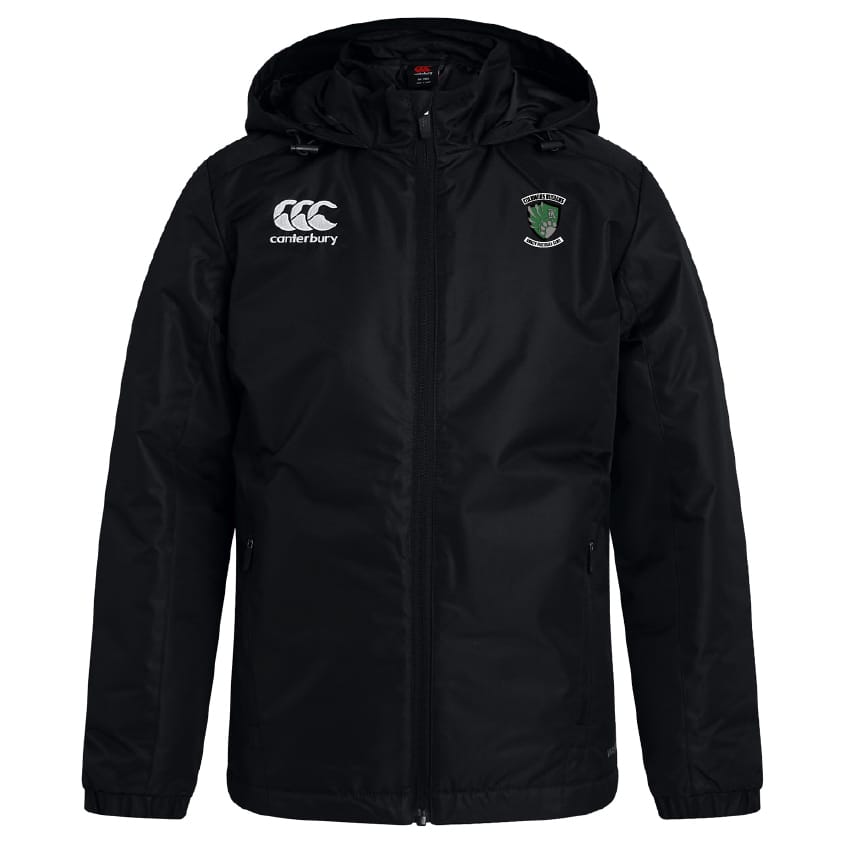 The Columbus Kodiaks Full Color Logo Club Vaposhield Stadium Jacket by EMB Canterbury is black, has a front zipper, Canterbury logo on the right chest, embroidered green crest on the left, and features water-repellent VapoShield technology.