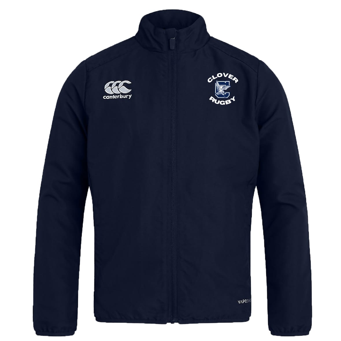 The Clover Middle School Club Track Jacket by EMB Canterbury features "Clover Rugby" and a shield logo on the chest, plus a Canterbury logo. This lightweight jacket offers everyday comfort and team spirit.