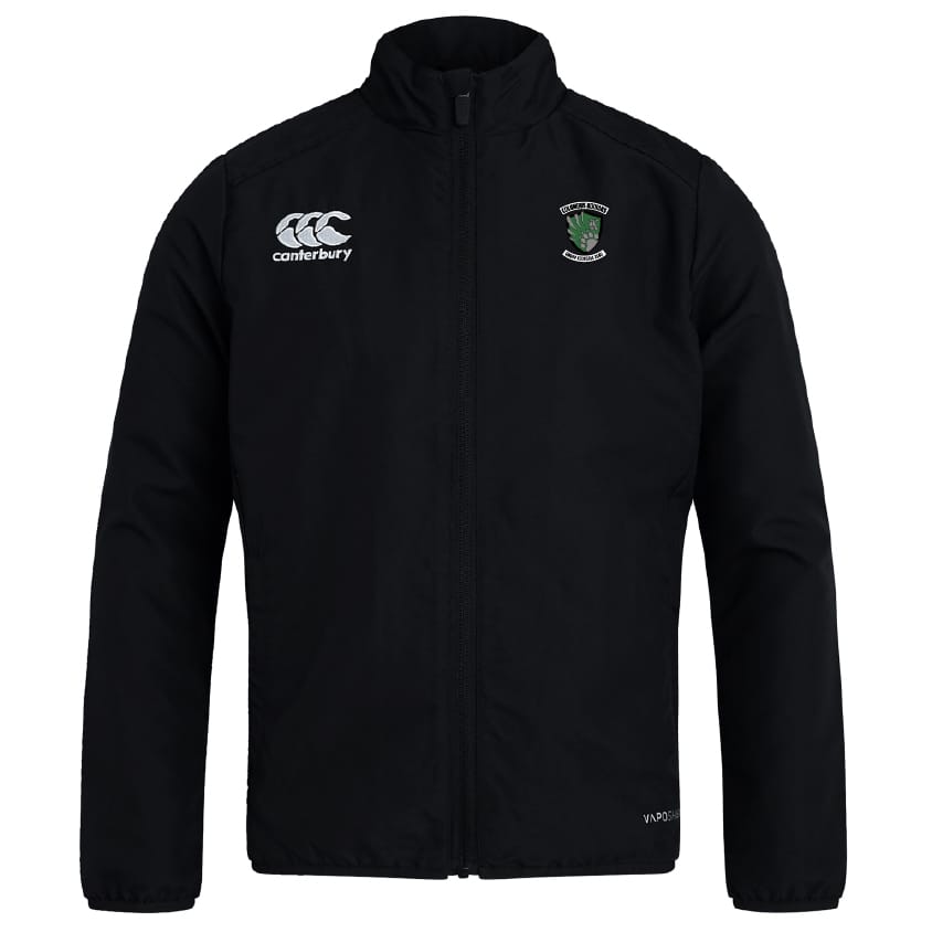 The Columbus Kodiaks Full Color Logo Club Track Jacket by EMB Canterbury features a high collar, Canterbury logo on the right chest, full-color Kodiaks crest on the left chest, and a water-repellent finish for all-weather comfort.