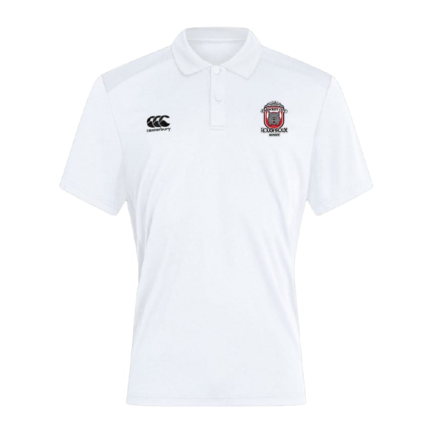 The Crescent City Rougaroux Club Dry Polo by EMB Canterbury is a white short-sleeve polo with a collar, featuring the Canterbury logo on the right chest, club crest on the left, and Vapodri Technology for cool comfort.