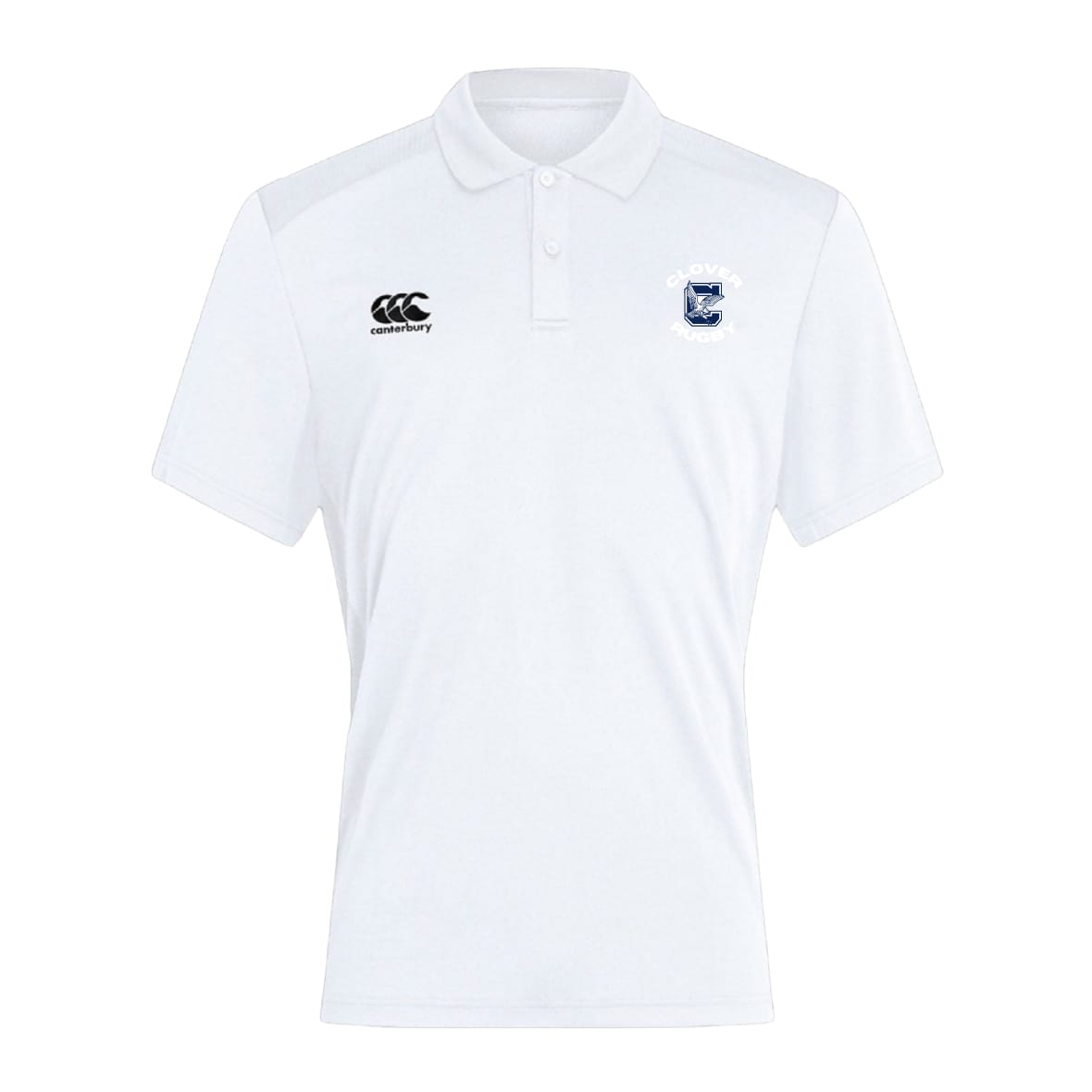 The Clover Middle School Club Dry Polo by EMB Canterbury features short sleeves, a collar, Vapodri Technology for breathability, the Canterbury logo on the right chest, and the club crest on the left chest.